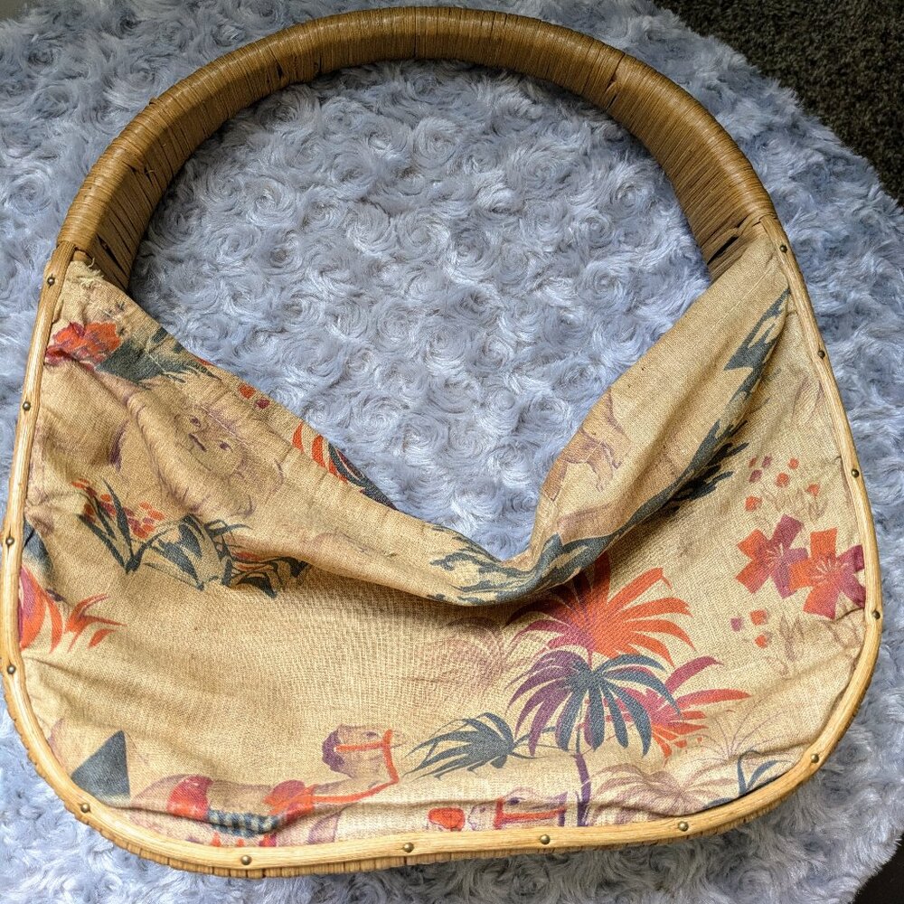 Vintage Woven Basket Purse Camel Fabric Sides with Wicker Handle and Detailing